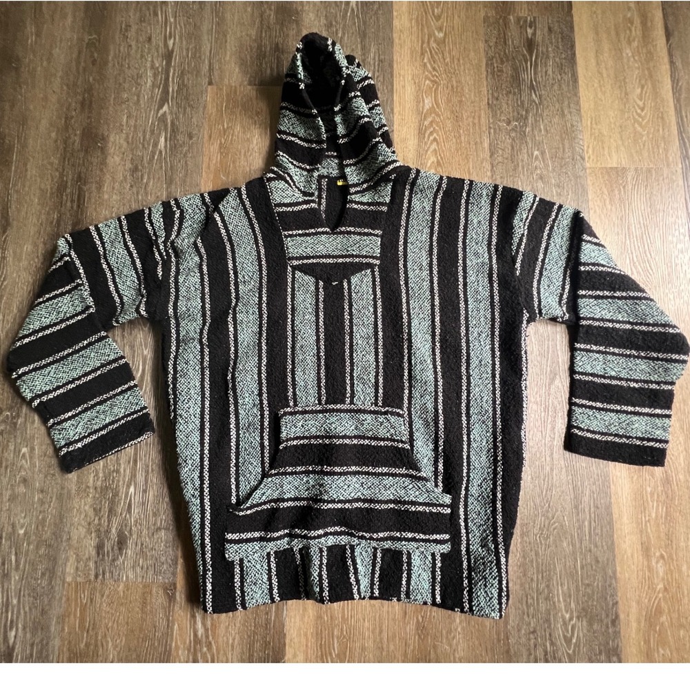 Unbranded Baja Hoodie Mens XL Black Mint Green Striped Woven Pullover Mexican